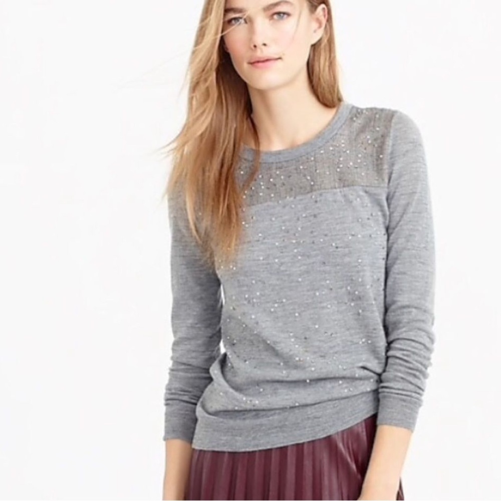 J. Crew Gray Glen Plaid Yoke Jeweled Sweater Wool Large